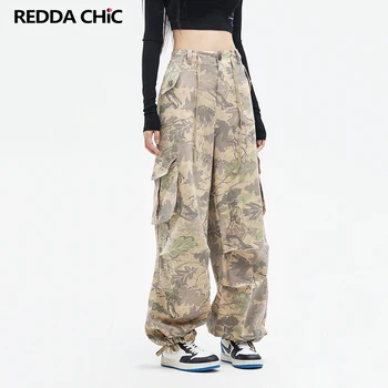 REDDACHiC превръзка камуфлаж карго панталони улица стил хип-хоп панталони ниска талия джобове Ruched широк крак жени тренировка гащеризони