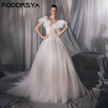 RODDRSYA Vestido De Novia Искряща тюл A-line сватбена рокля за жени Романтична подвижна ръкав булчински парти елегантен v-образно деколте