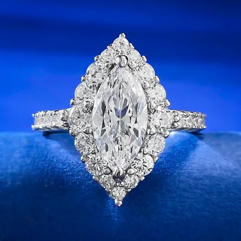 S925 Сребърен пръстен 6 * 12 Конско око бял диамант лед цвете нарязани сватбен пръстен за жени, европейски и американски трансгранични Instag