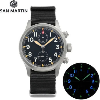 San Martin 37mm мъже хронограф часовници реколта военни пилот кварц движение часовник топчета взривени случай водоустойчив 100m светлинен