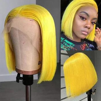 Short Bob Wig Lace Front Wig Human Hair Wigs Colored Yellow Straight Lace Front Wig 13x4 HD Human Hair Lace Frontal Wigs