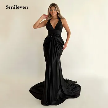 Smileven BlacK секси вечерни рокли без ръкави плисета абитуриентски парти рокля мъниста коктейлни рокли плюс размер 2023