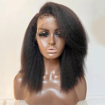 Soft Glueless Yaki Short Cut Bob Kinky Straight Black Lace Front Wig For Women With Babyhair Preplucked Heat Resistant Daily