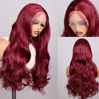 Soft Preplucked 99J Вино Червен цвят Синтетичен 26Inch 180Density Body Wave Lace Front Wig Burgundy Glueless Daily Wear Wigs