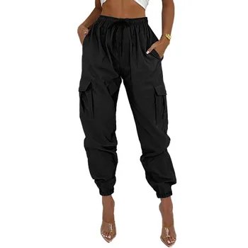 Solid черен случаен панталон жени джобове HIgh талията бутон дълъг молив панталони есен Y2K улично облекло хлабав карго панталони 2023