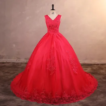 Sonhar Vestidos Нови рокли без ръкави Quinceanera рокли V-образно деколте парти рокля класически топка рокля червен бала рокля за момичета плюс размер