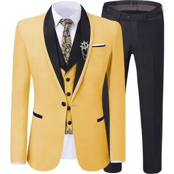 STEVDITG Нов стил мъжки костюми жълто яке жилетка черни панталони шал ревера еднореден елегантен пълен комплект нетактичност тънък годни парти