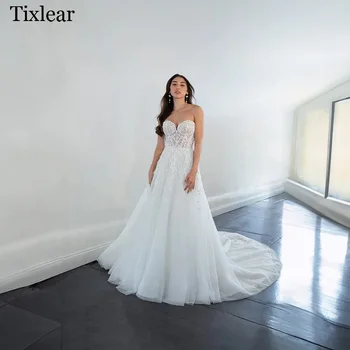 TIXLEAR Сватбени рокли за жена Елегантни апликации без ръкави Зашеметяващ отворен гръб по поръчка Vestidos De Novia