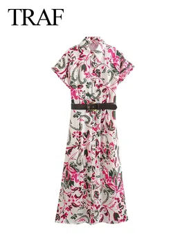 TRAF 2023 Женски елегантни рокли печат завой-надолу яка колан къс ръкав еднореден дамски мода летни дълги рокли