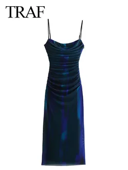 TRAF Дамски моден печат тюл дълга рокля Ruched приплъзване Bodycon рокля женски гръб елегантен парти бала вечерни рокли