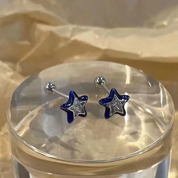 Trend Blue Crystal Star Pentagram Mini Stud обеци за жени Cool Sweet Aesthetic Earrings Fashion Y2k бижута