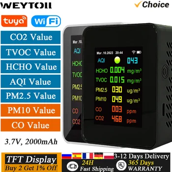 Tuya Wifi CO2 метър за измерване на качеството на въздуха 7in1 PM2.5 PM10 CO CO2 TVOC HCHO AQI тестер TFT цветен екран детектор за въглероден диоксид