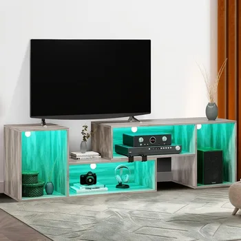 TV шкаф с LED светлинна лента, модерна подвижна и деформируема стойка за телевизор, подходяща за 75 инчов телевизор, светло дъбово сиво