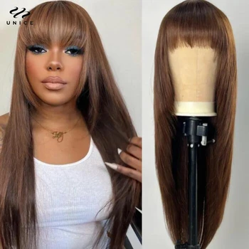 UNice Layer Cut Mocha Medium Brown Glueless Beginner Friendly Straight Wig With Bangs Wear and Go Cap Soft & Smooth Virgin hair