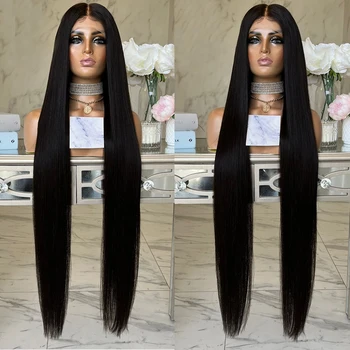 UNIQUEWIG 32inch дълги черни перуки коприна направо синтетични лепило дантела фронт перука за жени естествен hairline топлоустойчиви влакна
