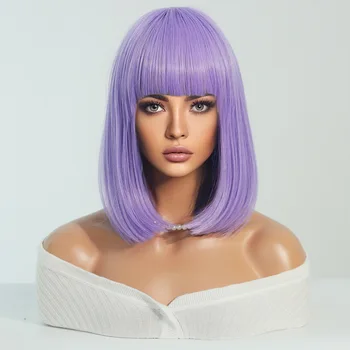 URCGTSA Къси прави перуки Bob с бретон лилаво черна естествена синтетична коса за жени Daily Cosplay топлоустойчиви влакна