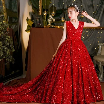 V-образно деколте пайети Първи причастие рокли без ръкави принцеса червен ангел цвете момичета рокля за сватбено парти топка красота конкурс износване