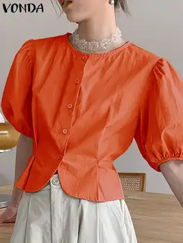 VONDA 2024 Летни дамски ризи плътен цвят реколта туника върховете мода случайни хлабав блуза къс бутер ръкав Blusas Femininas