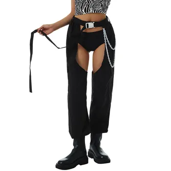 Y2K жени случайни панталони без дъно мода плътен цвят висока талия дълги панталони с верига & колан
