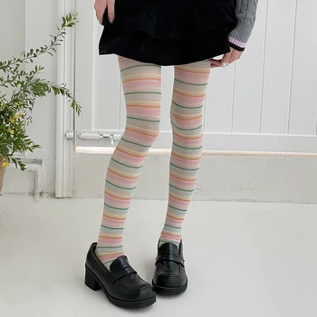 Y2K Жените реколта раирани чорапогащи цветни еластични чорапи чорапогащник тънък годни дълги чорапи клуб улично облекло