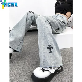 YICIYA y2k стил дънки Дамско улично облекло Пълна дължина торбести панталони кръст Бродерия висока талия панталон гръндж деним панталон Панталони Жан