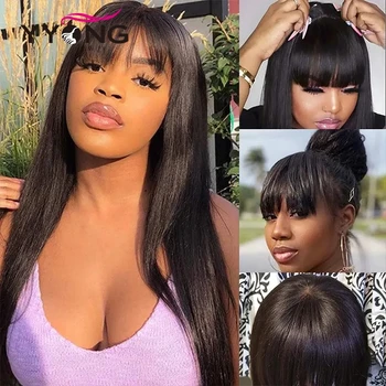 Yyong Straight Full Machine Made Wig With Bangs For Black Women Евтини перуки Бразилски 100% човешки 30 инчов дълъг ресни перука в продажба
