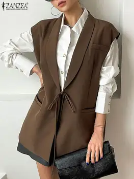 ZANZEA корейски стил резервоар якета жени без ръкави жилетка мода ревера яка жилетка елегантен дантела нагоре нетактичност извънгабаритни връхни дрехи