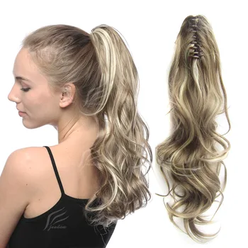 Zolin дълга вълнообразна синтетична коса конски опашки разширение нокът клип на косата конска опашка тъмно кафява блондинка коса за жени момичета