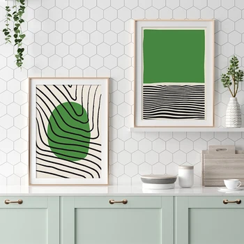 Абстрактно платно живопис линия изкуство плакат зелен геомертричен картини на стената без рамки