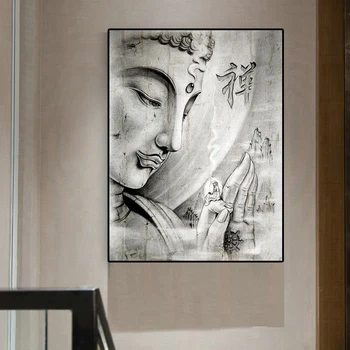 Абстрактно Черно Бяло Религия Статуя на Буда Живопис върху платно Скандинавски плакати и отпечатъци Картина за стена за хол