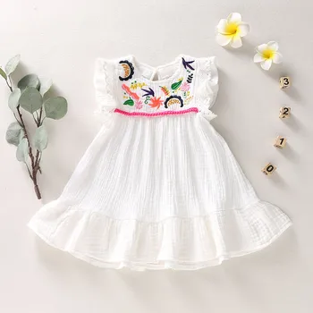 Бебе бебе момичета памучни ленени рокли плисирани къс ръкав деликатен бродерия люлка бяла рокля лятна рокля отдих