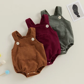 бебе момичета момчета рипсено кадифе ританки плътен цвят джоб без ръкави презрамки гащеризони новородени дрехи за малки деца бодита 0-24 месеца