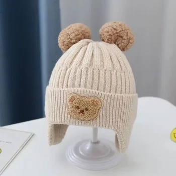 Бебешка защита на ушите Бебешка сладка мечка плетена шапка за защита на ушите Детска дебела топла вълнена бебешка шапка