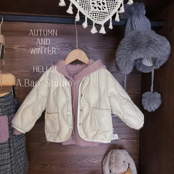 Бебешко зимно памучно палто Момичешки розов плетен пуловер с качулка+бяло памучно палто Момичешки моден комплект 2023 Момичешки дрехи