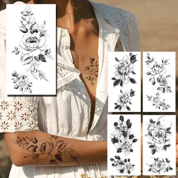 божур цвете фалшива временна татуировка за жени Черна камелия водоустойчиви татуировки стикер Луна секси флорални гърдите китката Tatoos хартия