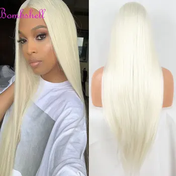Бомба мед блондинка прав синтетичен 13X4 дантела предни перуки лепило високо качество топлоустойчиви влакна коса за жени Cosplay