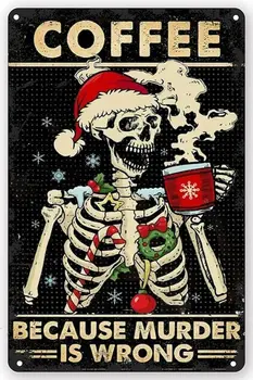 Весела Коледа Калай Знак Два скелета в Коледна шапка Калай Знак Коледна стена Изкуство Празник Скелет Знак Коледна украса