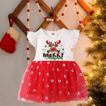 Весела Коледа отпечатани бебе момиче рокля малко дете торта рокля елен деца Туту рокли малка принцеса Коледа парти облекло пола