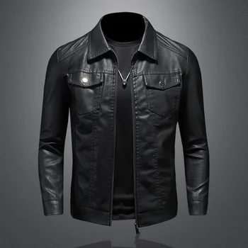 Висококачествени мъжки пролетни кожени якета Мъжки тънки локомотивни кожени якета Множество джобове Moto Biker Pu кожени палта5XL