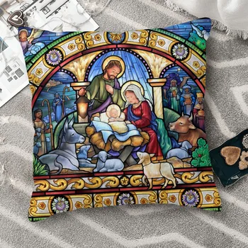 Витражи Рождество Христово Cojines хвърлят възглавница калъфка възглавница Начало диван стол печат декоративни кусин