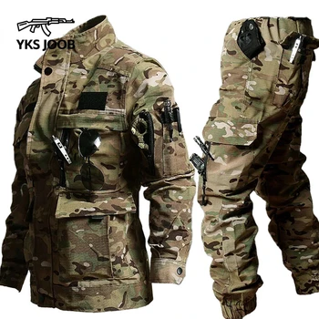 Военна тактика Комплект от две части Мъжки мулти джоб цип износоустойчиви товарни якета Мъжки външни специални сили бойни панталони