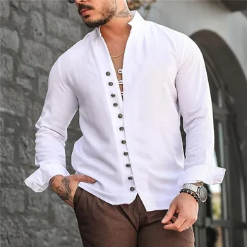 гореща продажба пролет и есен 100% памук бельо мъжки ризи с дълъг ръкав плътен цвят изправи яка случайни стил плюс размер