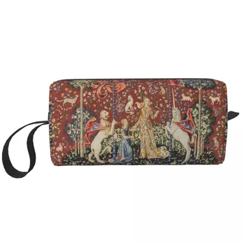 Дамата и еднорогът вкус грим чанта торбичка цип ретро средновековен ренесанс козметична чанта пътуване тоалетна чанта организатор