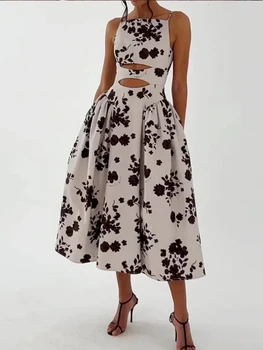 Дамска елегантна ретро дълга рокля женска тънка макси отпечатана куха рокля Секси прашка Свободна парти рокля Нова мода лято 2024