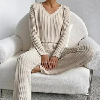 Дамска пижама есен зима нови ежедневни прави панталони пуловер спално облекло хлабав V врата трикотажни домашно облекло две части Loungewear