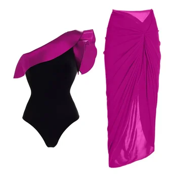 Дамски бански костюми модни едно рамо лилаво-червено почиства яка и рамото дизайн черно с лилаво-червено покритие