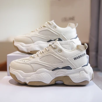 Дамски вулканизирани обувки Буци маратонки Мода Дамски ежедневни обувки Дишаща мрежа бяла Татко обувки Мода Дизайнерски обувки