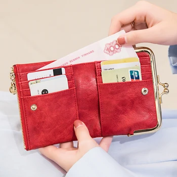 Дамски къс портфейл многофункционален монета чанта преносим ретро плътен цвят сгъваеми пари клип притежател карта женски
