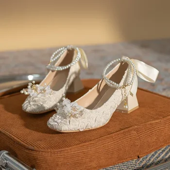 Дамски луксозни перлени вериги Мери Джейнс обувки тетива стринг мъниста буци сандали есен 2024 дизайн средата токчета обувки помпи Сапатос Mujer