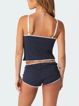 Дамски мини точка печат пижама комплект без ръкави камизола шорти 2 броя летни тоалети